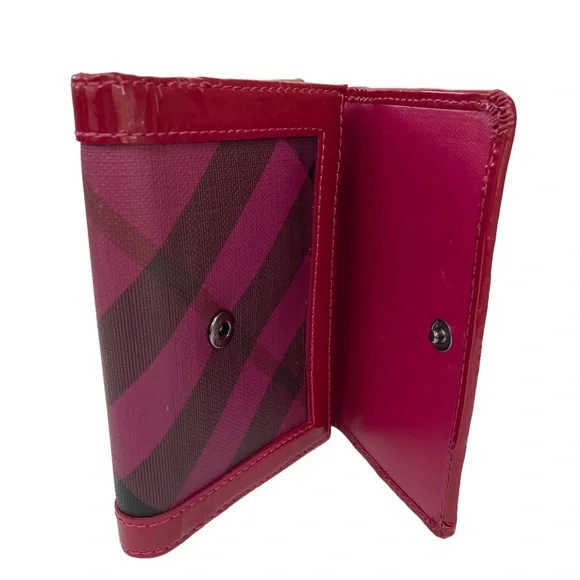 Burberry Nova Plaid Patent Leather Trim Bifold Wallet Magenta and Black